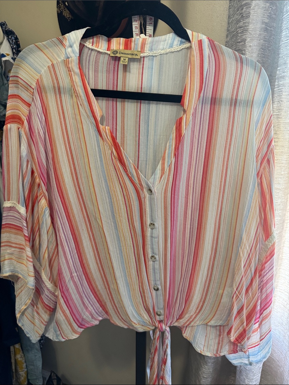Democracy Multi-Stripe Button-Front Tie-Hem Blouse - Coral, Pink, Blue